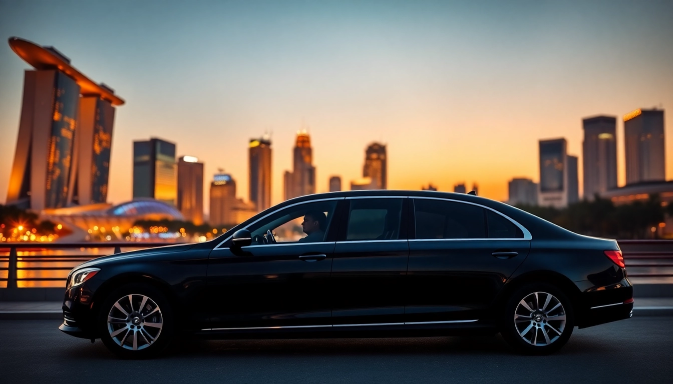 Professional chauffeur hire Singapore showcasing a luxury sedan with a uniformed driver against the city skyline.