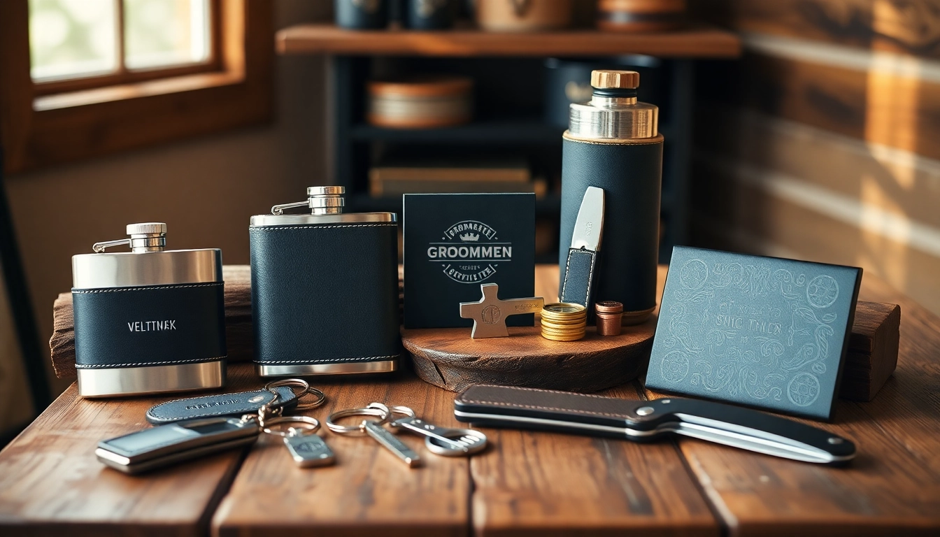 Explore an array of cheap groomsmen gifts, including personalized flasks and keychains set on a rustic table.