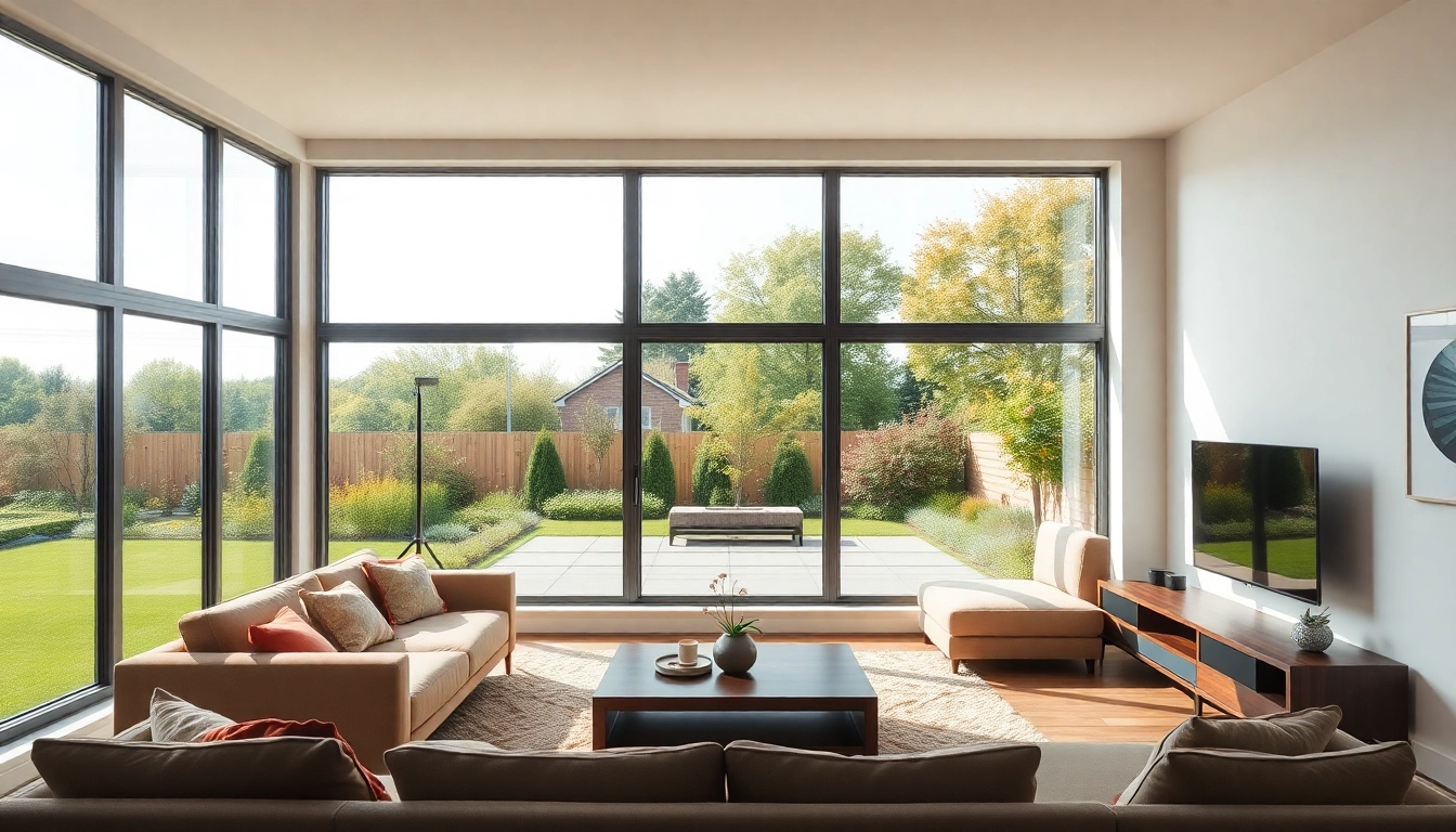 Windows from top window companies Manchester illuminate a stylish living room with a scenic garden view.