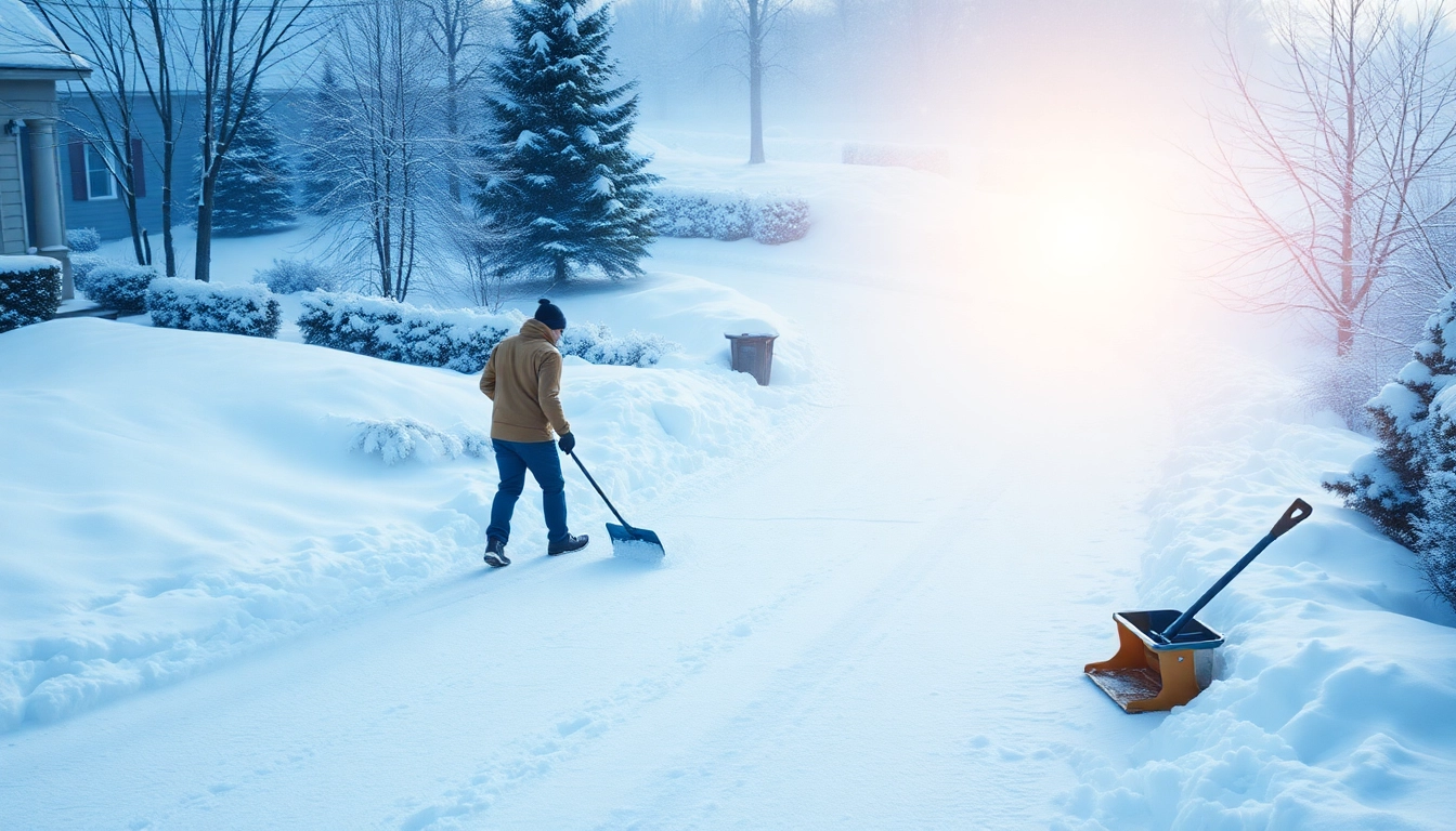 Snow removal effort by a person clearing a driveway with snowflakes flying around, emphasizing winter activity.