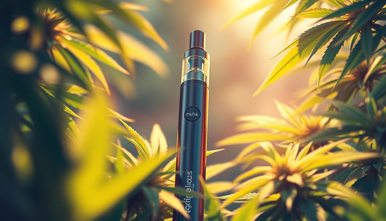 Experience the potency of Muha Meds Cannabis Disposables with this sleek vape pen against vibrant cannabis leaves.