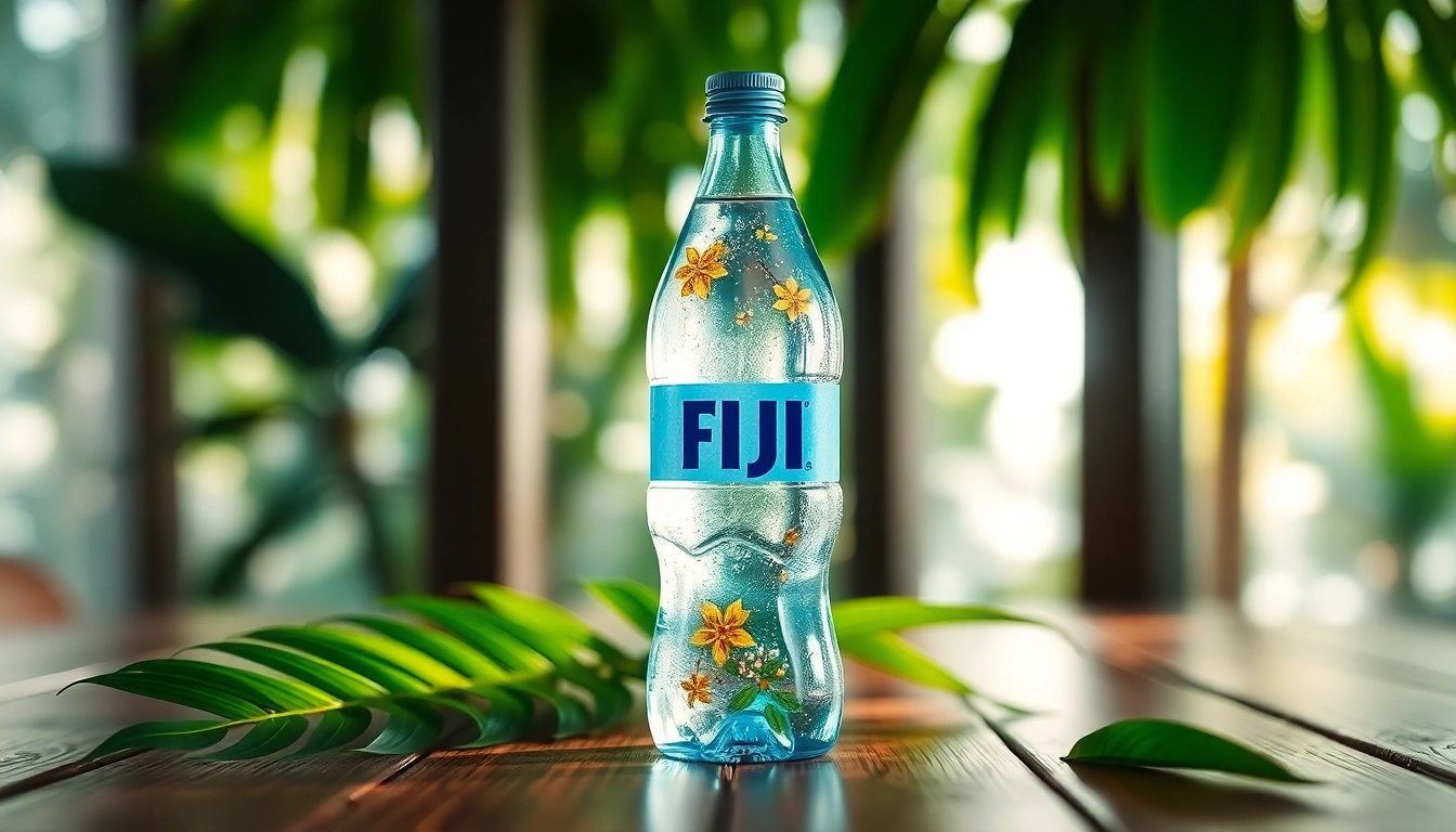 Refresh your hydration with Fiji Water, bottled at the source in pristine Fiji, showcasing its iconic design.