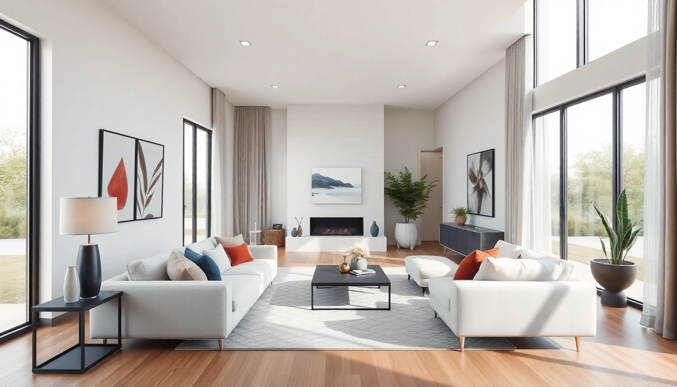 Capturing an entire interior design with a modern living room featuring elegant furnishings and a warm color palette.