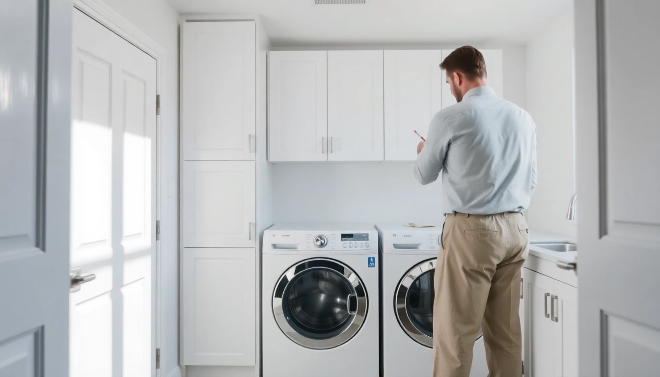 Ensure safety with dryer vent cleaning salt lake city, featuring a technician cleaning out a dryer vent in a bright laundry room.