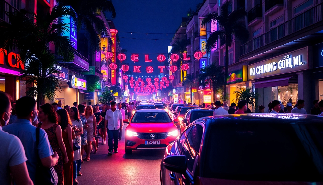 Experience the vibrant nightlife with 호치민 황제투어 업체 amidst colorful lights and lively atmosphere.