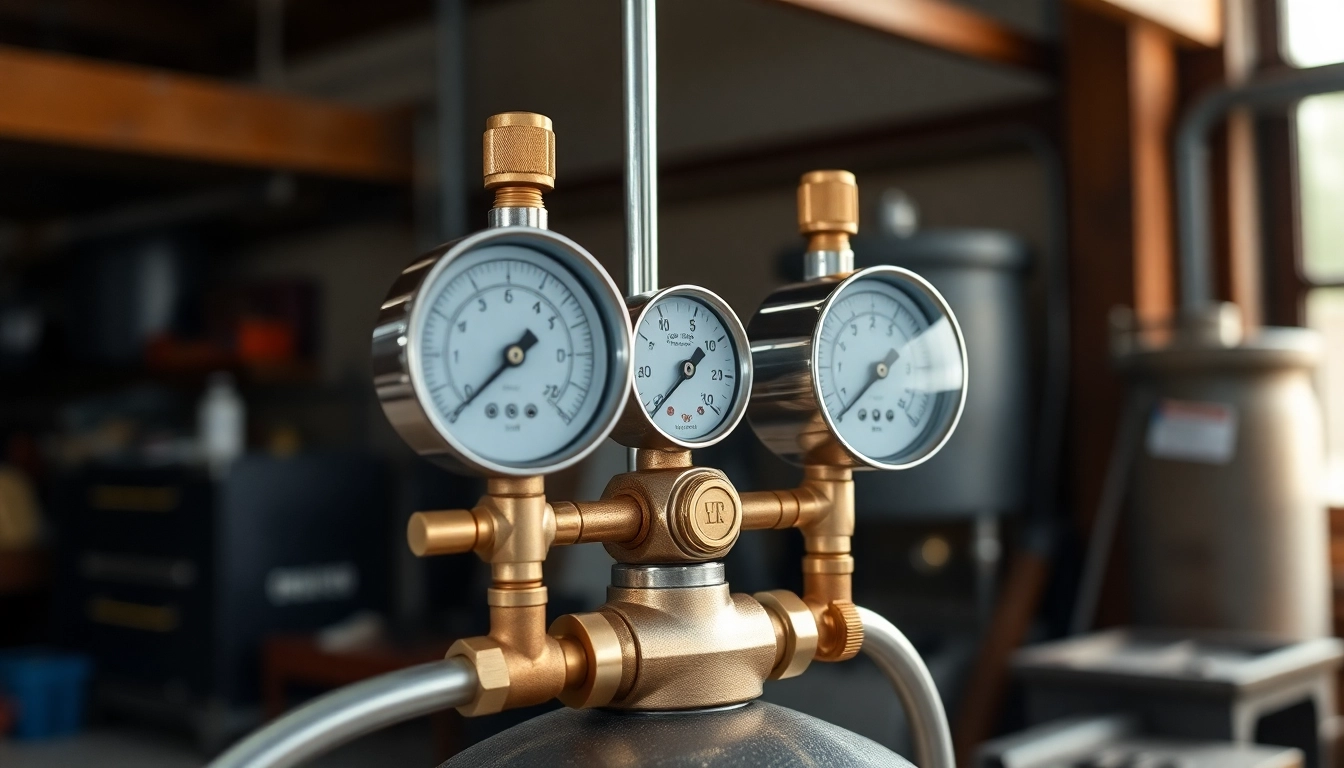 Inspect the nitrogen regulator with dual gauges, showcasing high-quality brass fittings for precision and safety.