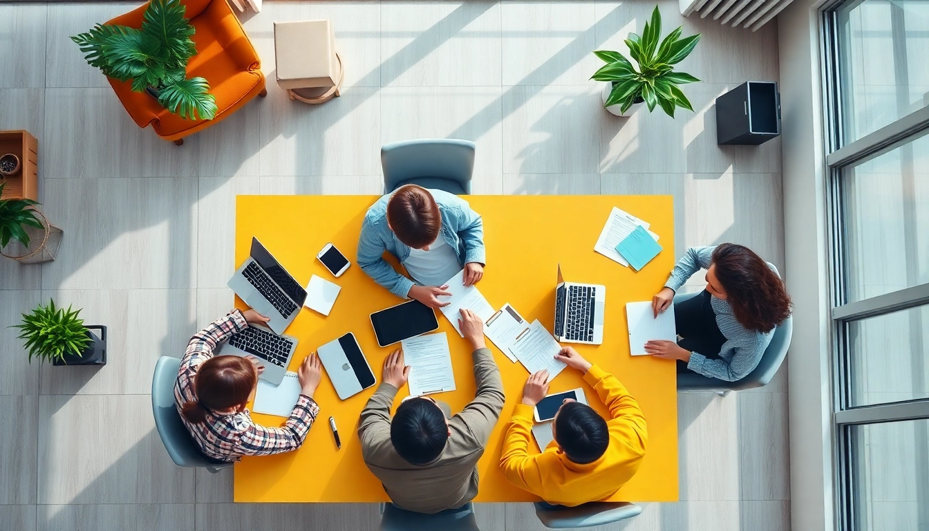 Outsourcing team collaborating in a vibrant office setup with laptops.