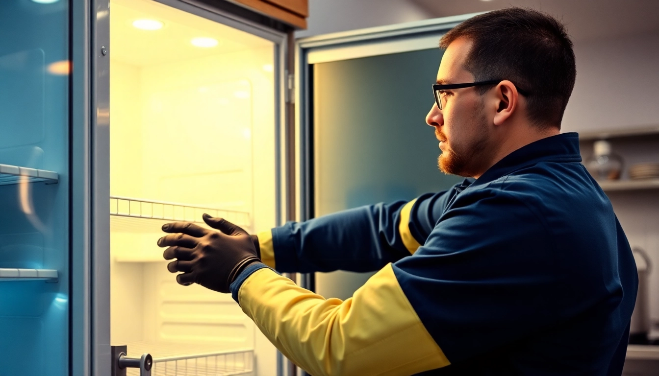 Technician performing commercial refrigerator repair with tools in a professional kitchen.