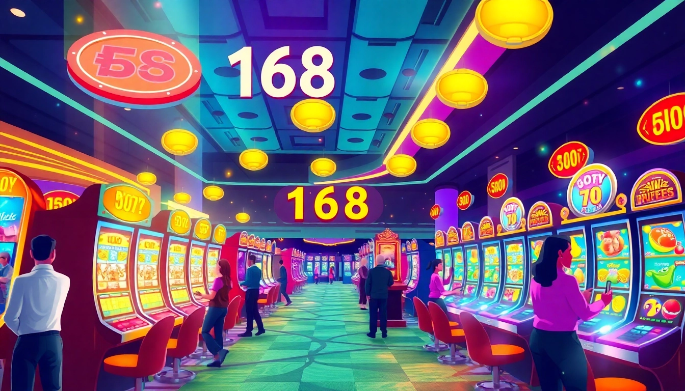 Experience thrilling สล็อต168 gameplay with colorful slot machines and excited players in action.