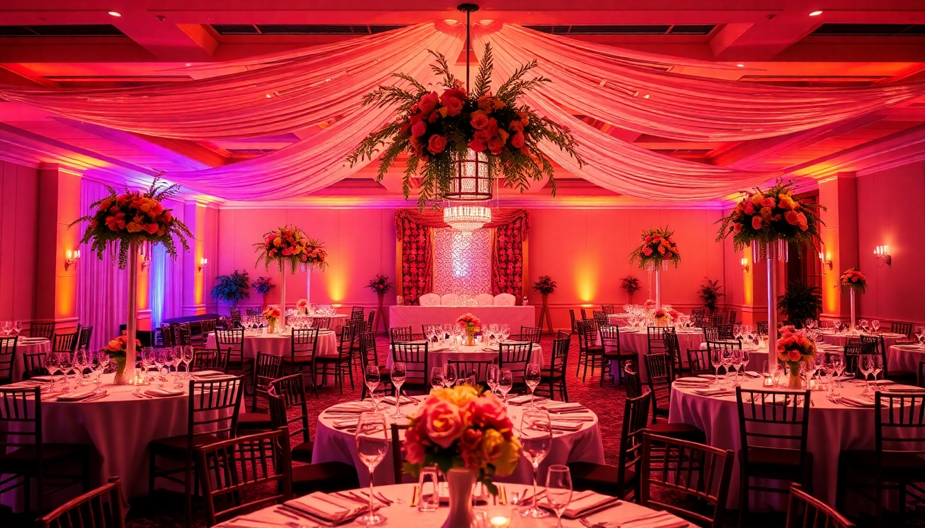 Set up for a unique event with elegant table decorations and warm ambient lighting.