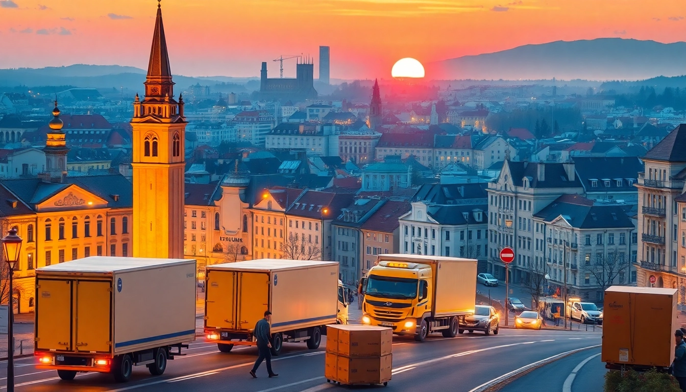 Efficient Umzug Erlangen service transporting boxes with care in a vibrant cityscape.