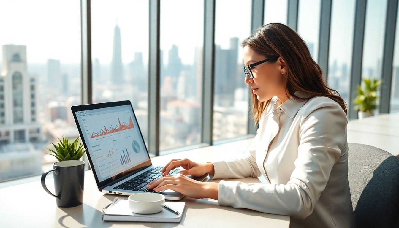 Analyze competitor pricing effectively with a businesswoman using a laptop in a bright workspace.