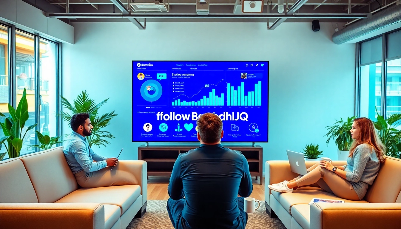 Engaging professionals discussing strategies to follow BasedChadHQ in a modern office setting.