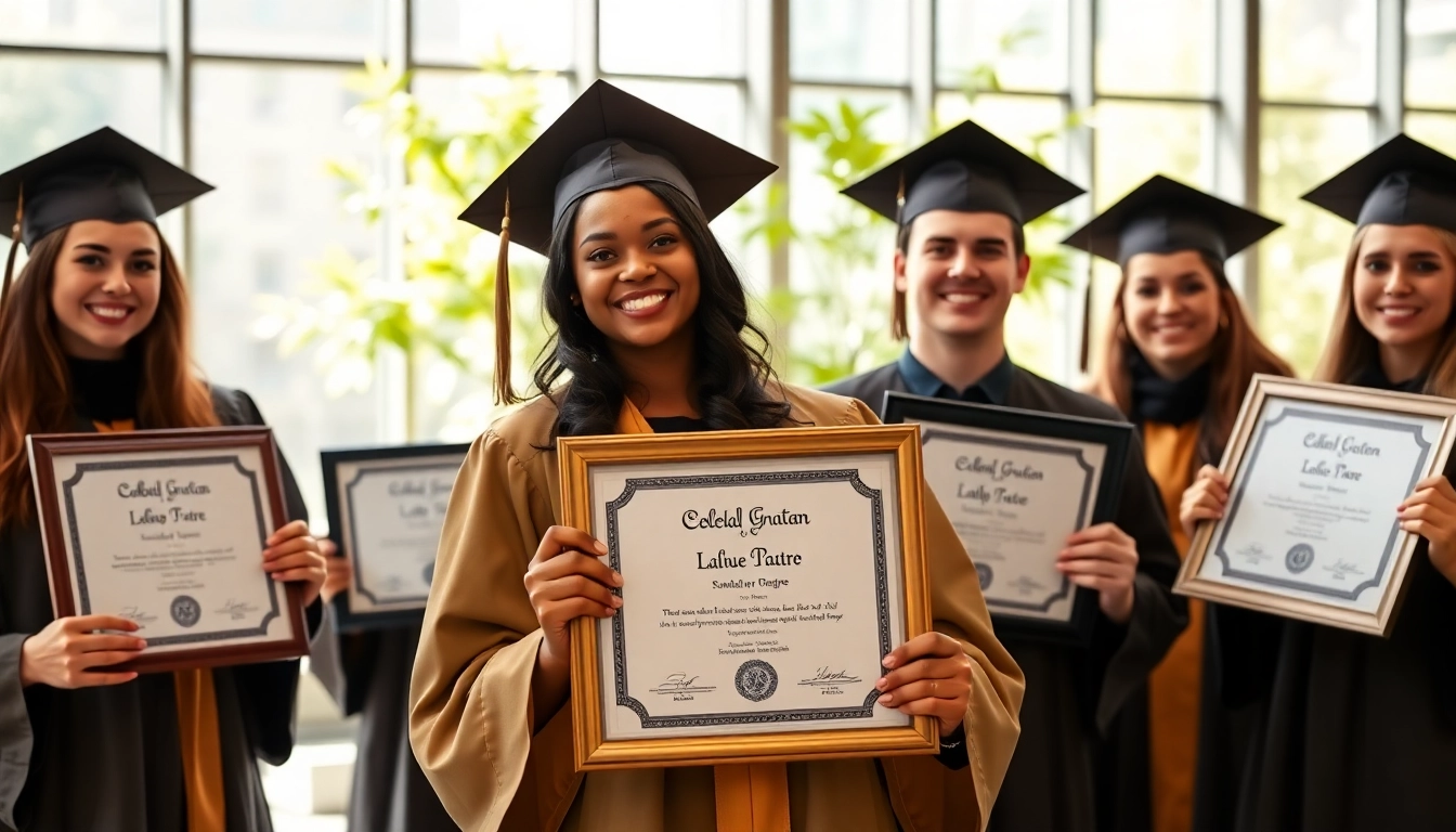 Showcase of an original university degree UK held by proud graduates in a modern setting.