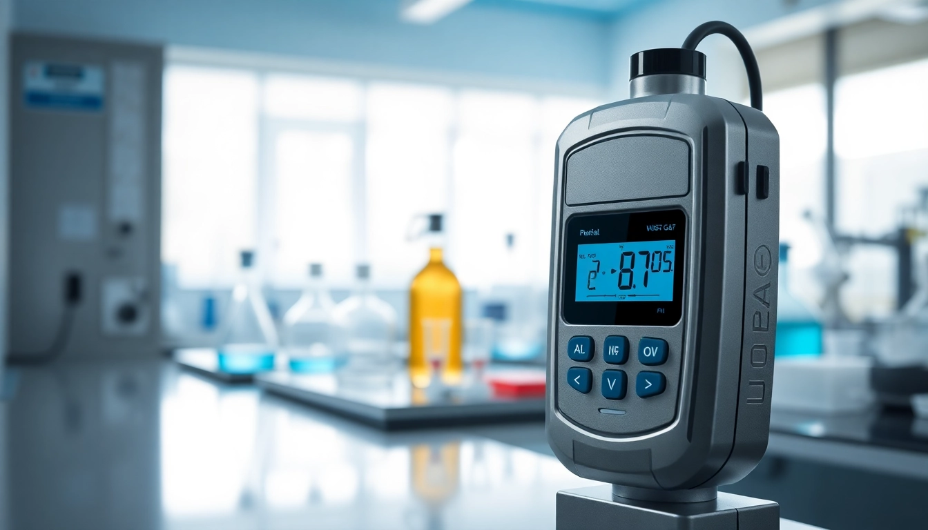 Inspect the Propylene Oxide gas detector alongside advanced laboratory equipment in a bright lab.