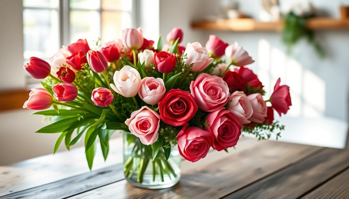 Handcrafted bouquet from a Fountain valley florist with vibrant flowers, highlighting tulips and roses.