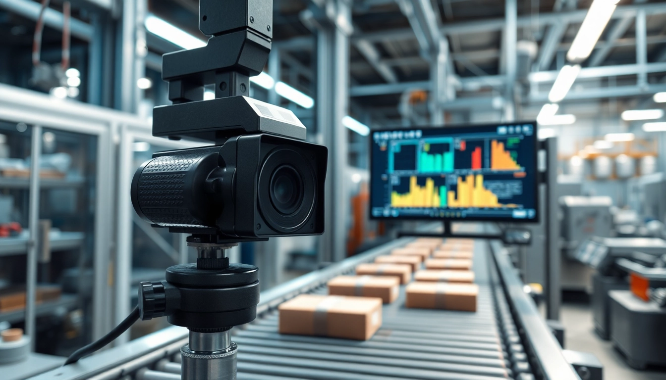 Automated machine vision system inspecting products on a conveyor belt in a factory setting.