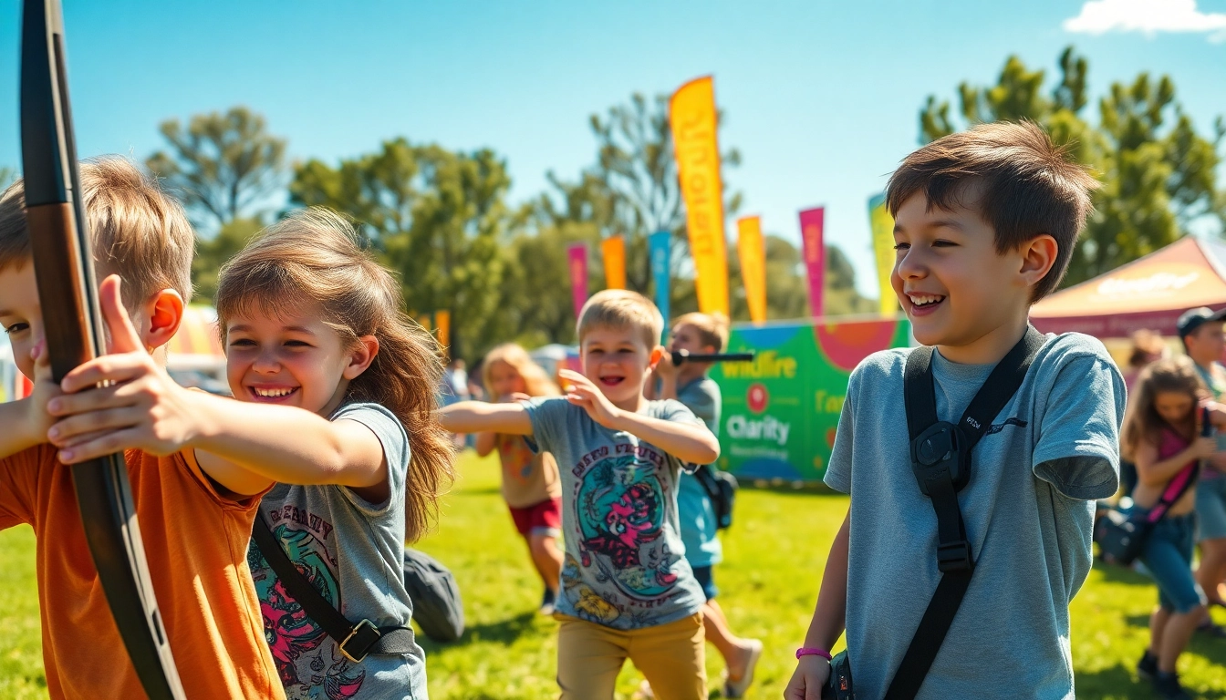 Children enjoying a wildfire event perth with engaging activities like archery and laser tag.
