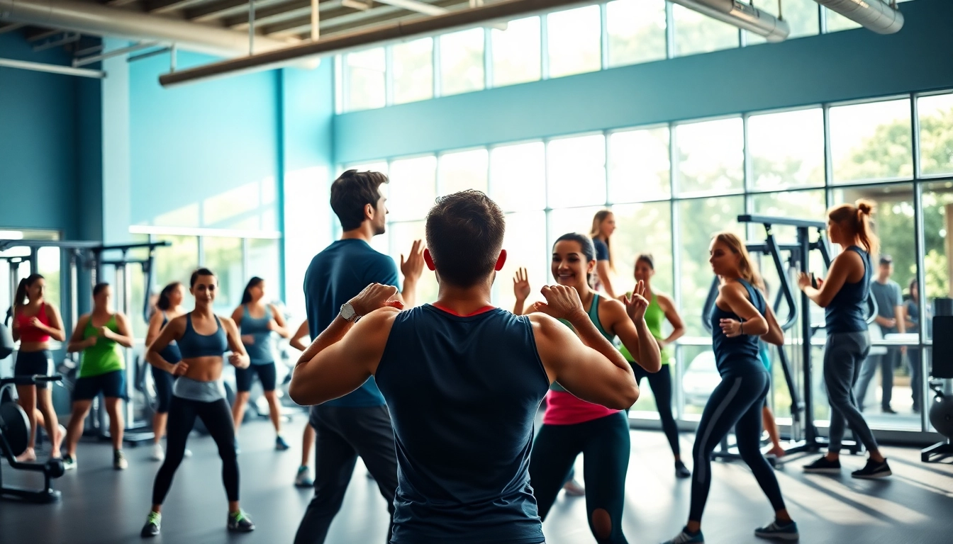 Engaged participants in gym group training session, promoting teamwork and fitness.