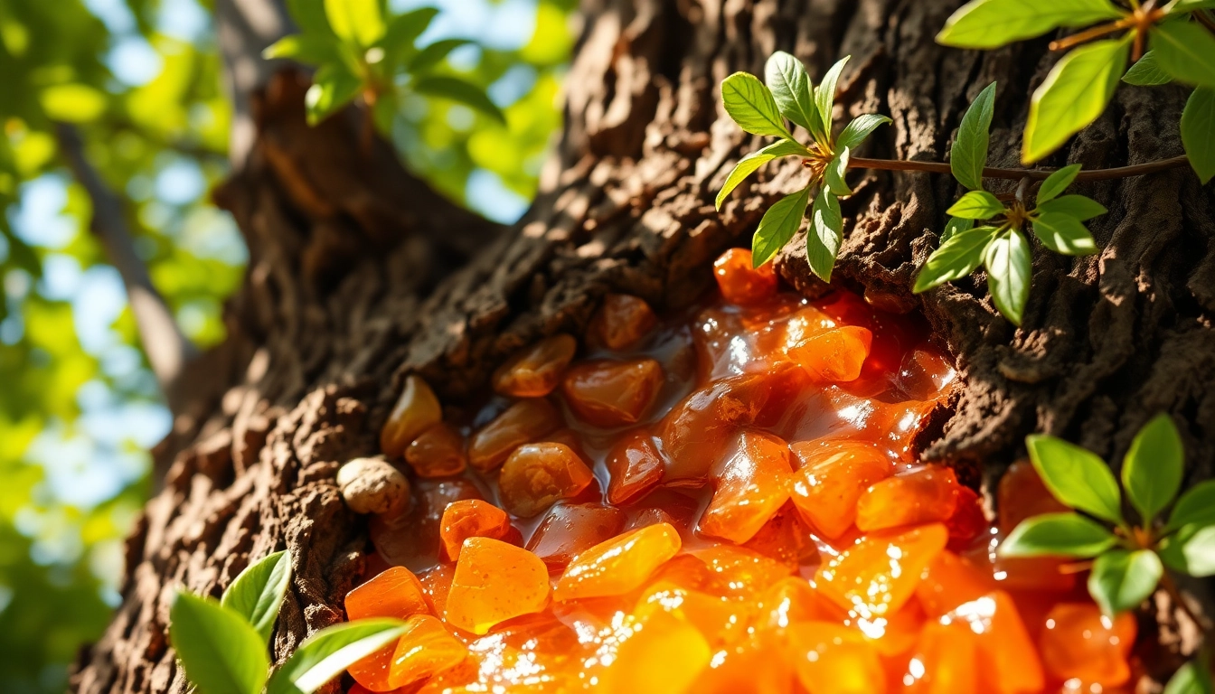 Benjoin en résine extrait du tronc d'un arbre Styrax, illustrant ses textures et couleurs.