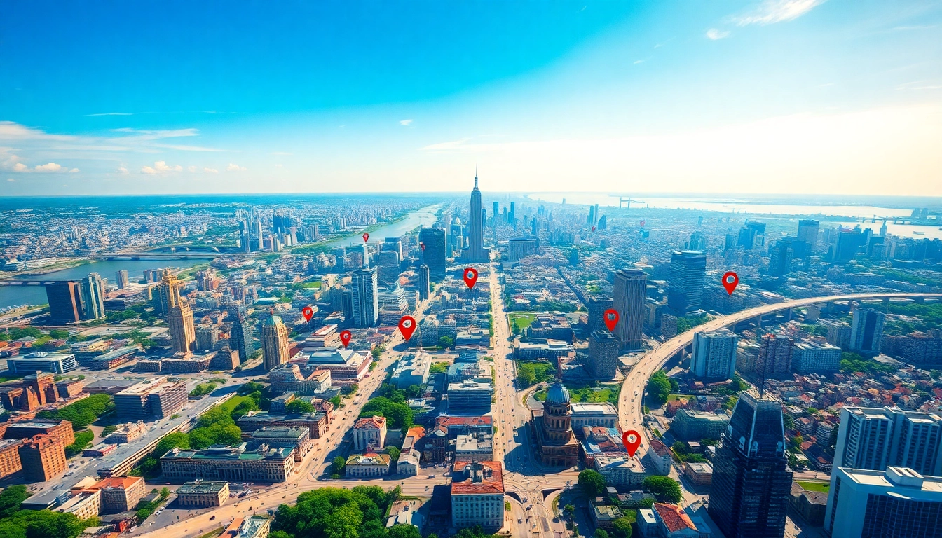 Showcasing various locations on a vibrant map with marked points of interest.