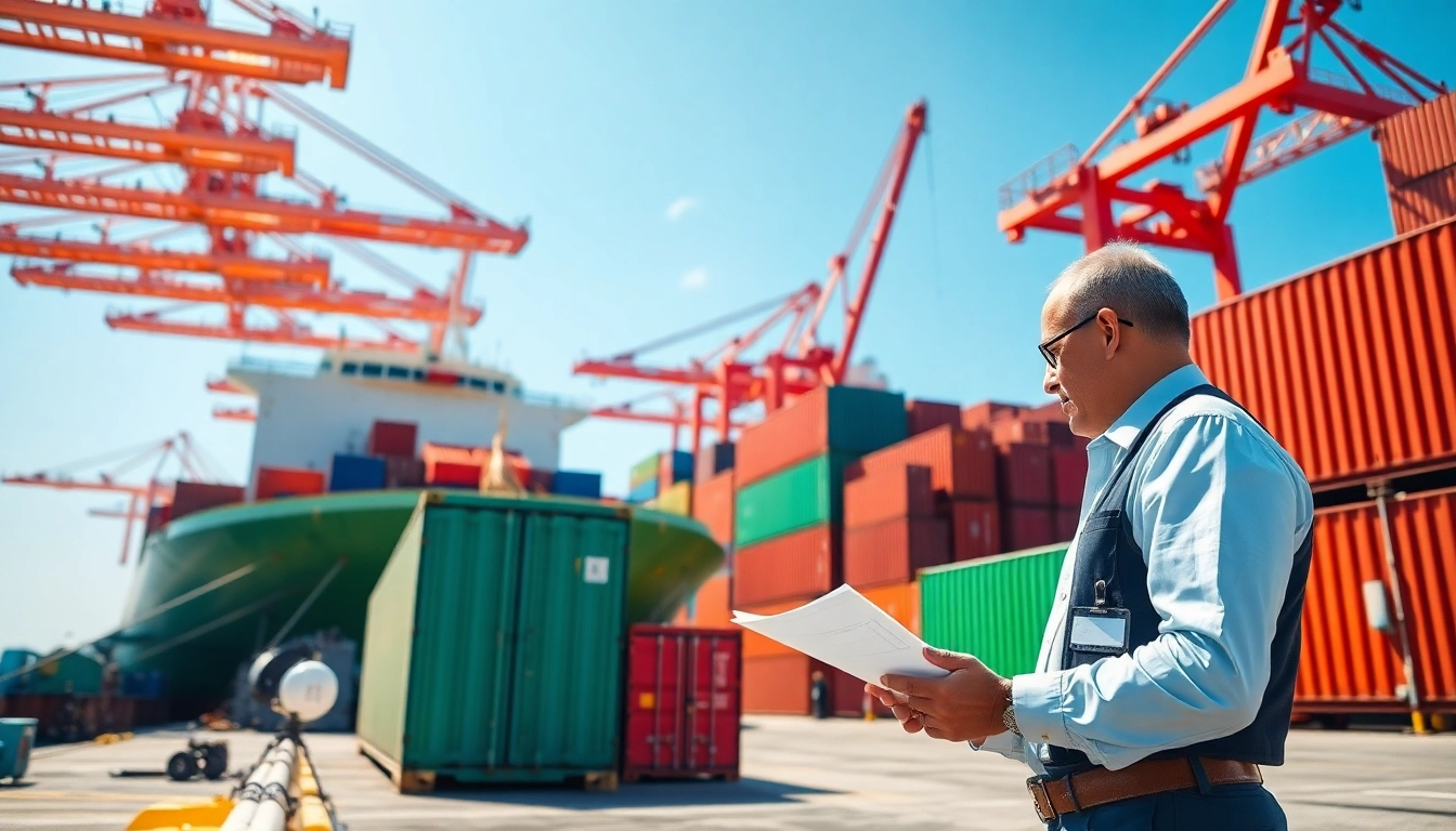 Illustration of export tariffs in global trade with cargo containers at a busy port.