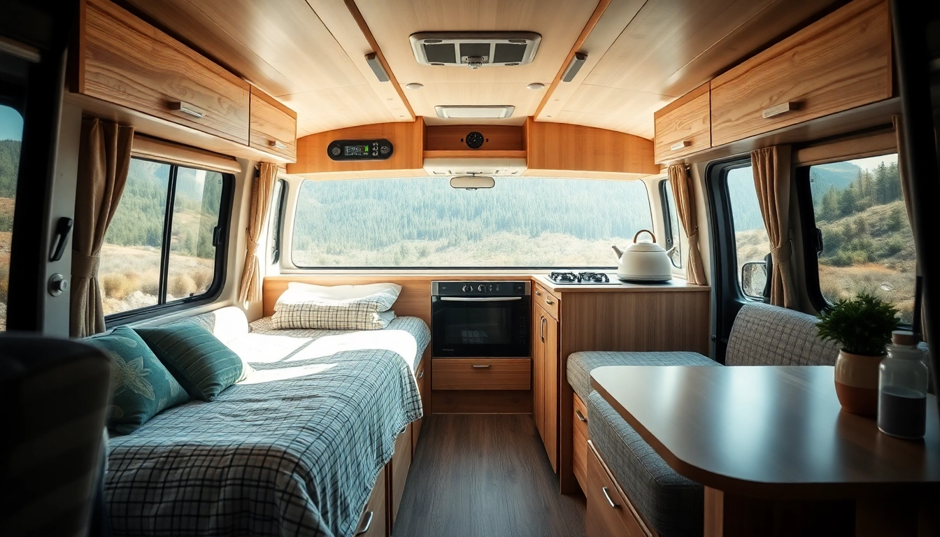 Cozy camper van interior showcasing a comfortable sleeping area and compact kitchen.