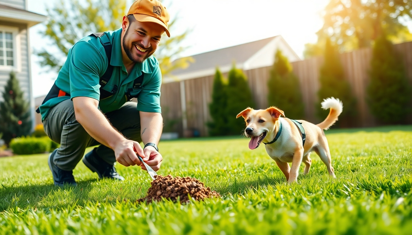Dog poop pickup in a residential yard with a pet waste removal team actively cleaning.
