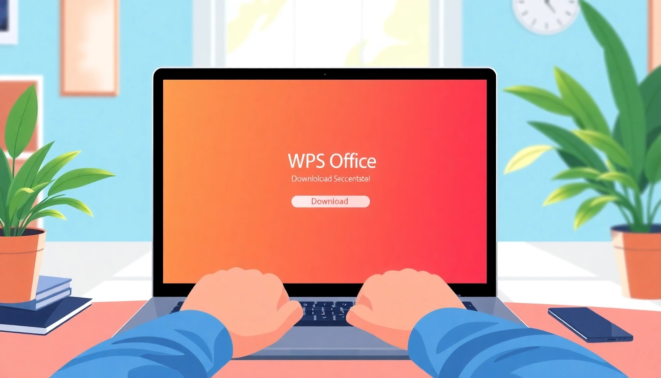 Download process of wps office下载 on a laptop, showcasing user satisfaction in a bright workspace.