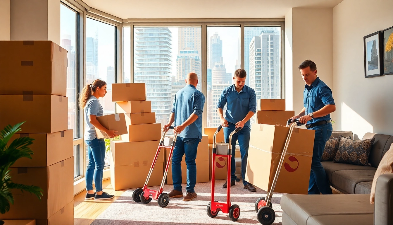 Moving company nyc professionals efficiently packing belongings in a bustling New York City apartment.