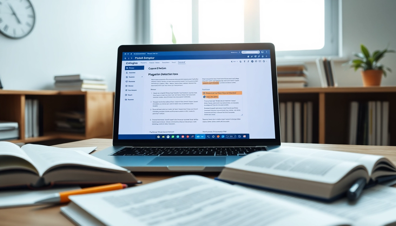 Using a plagiarism detector on a laptop in an educational setting with textbooks.