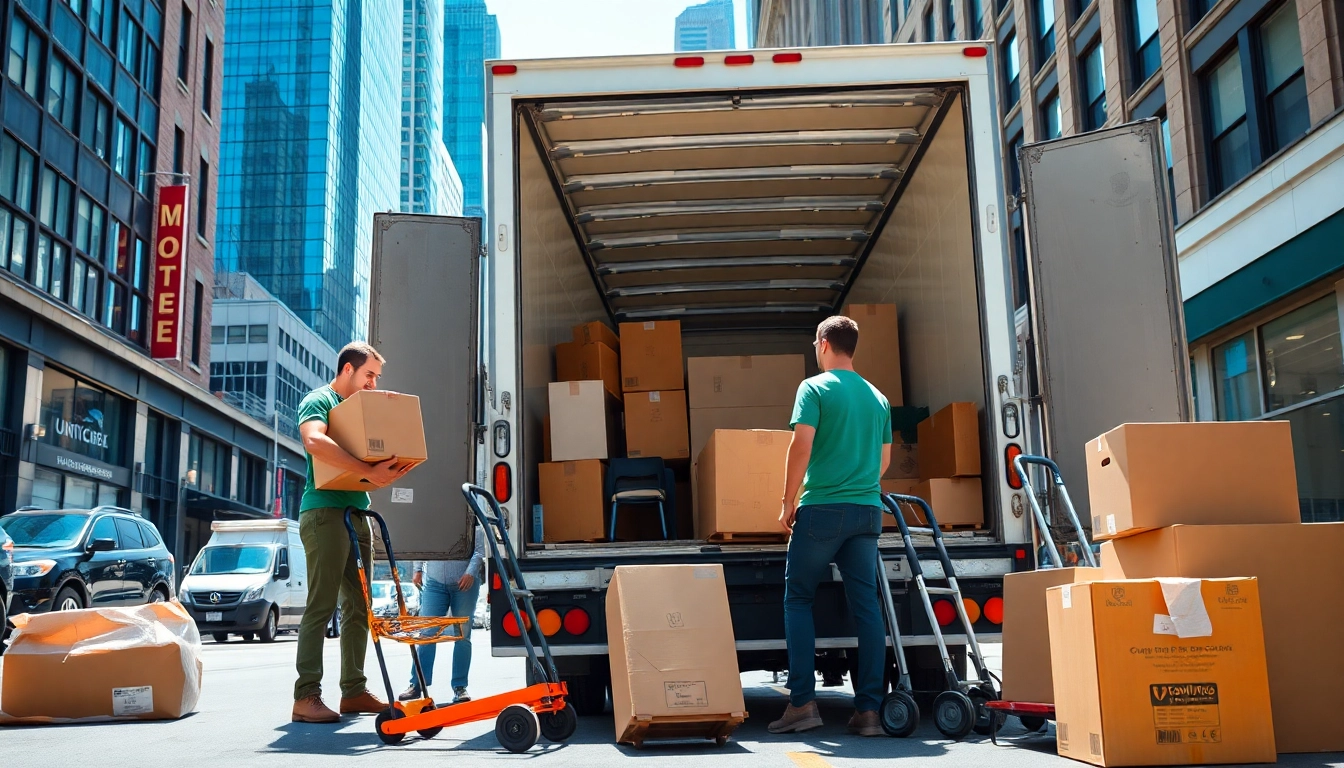 Moving company nyc team efficiently packing and loading items in a bustling urban setting.
