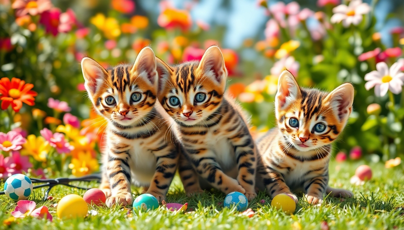 Adorable Bengal Breeders Orange County kittens frolicking in a vibrant garden setting.