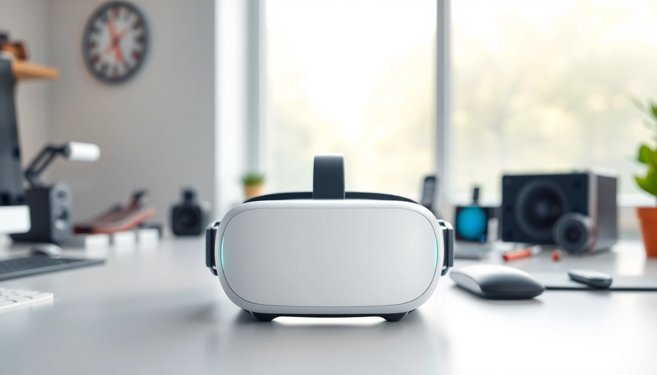 Buy Vision Pro headset showcased with sleek design on a modern desk in bright workspace.