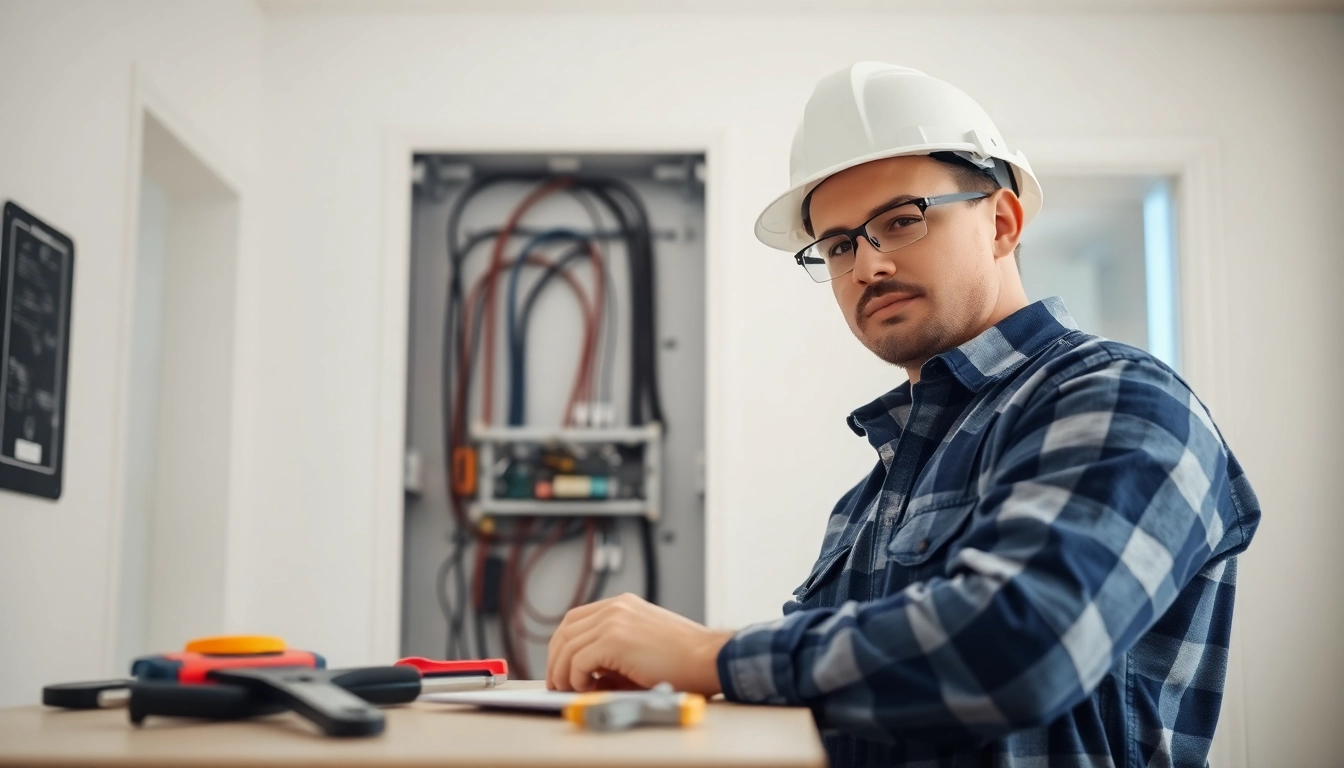Highlighting an Electrical Panel Upgrade, an electrician inspects a modern panel in a pristine home setting.