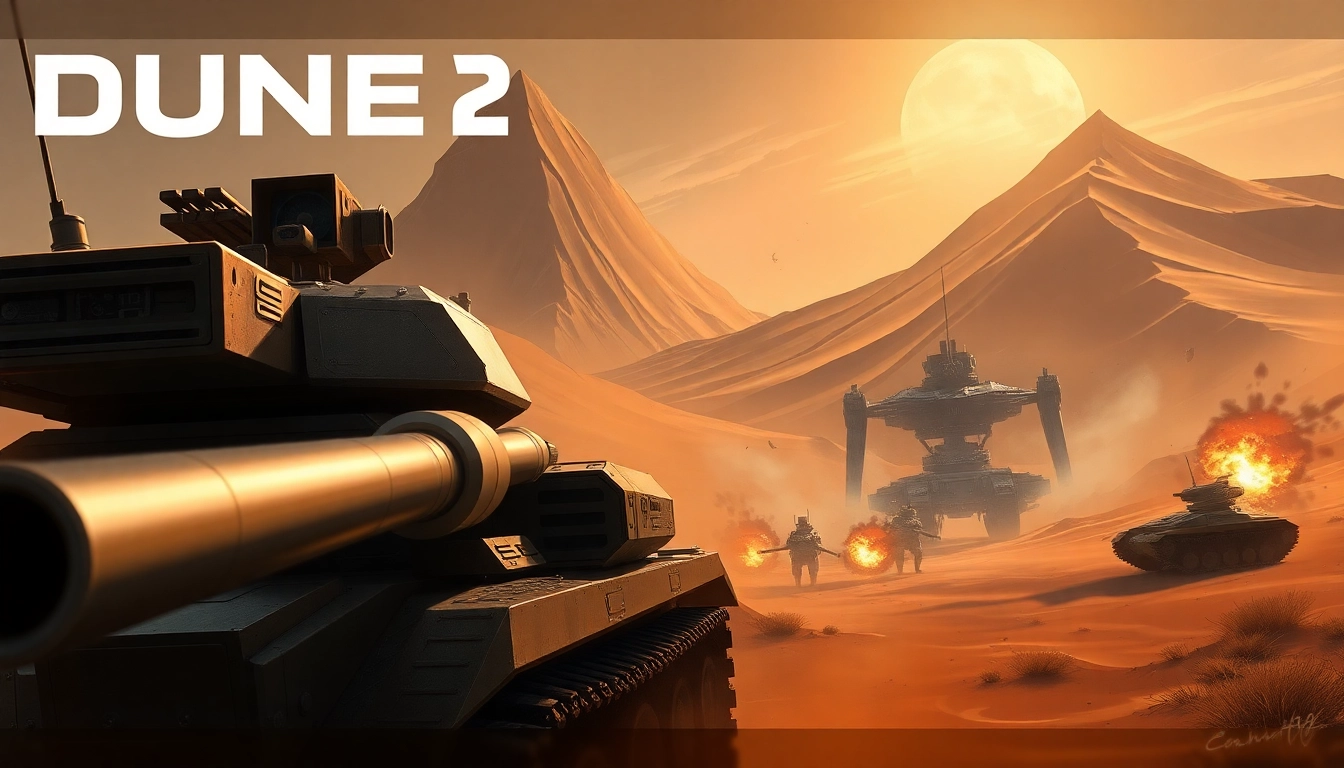 Battle scene from the dune 2 game showing a tank targeting an enemy in a desert landscape.