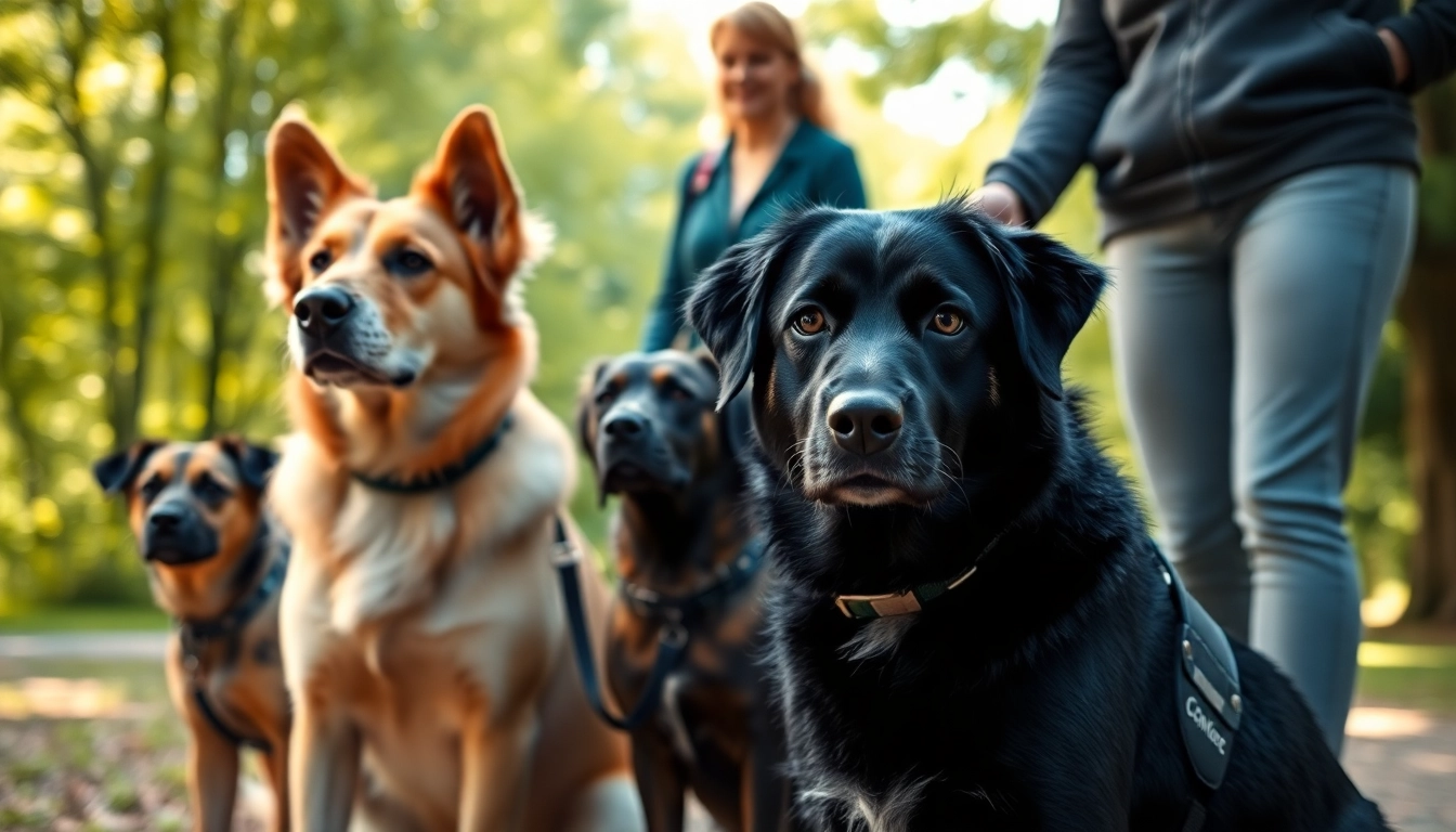 Psych service dogs assisting their handlers in a peaceful park, showcasing their supportive bond.
