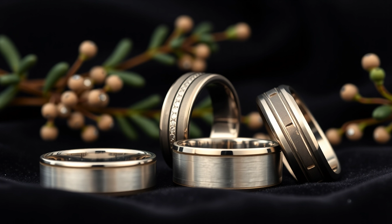 Showcasing tungsten wedding rings with various designs against a black backdrop, highlighting elegance and durability.