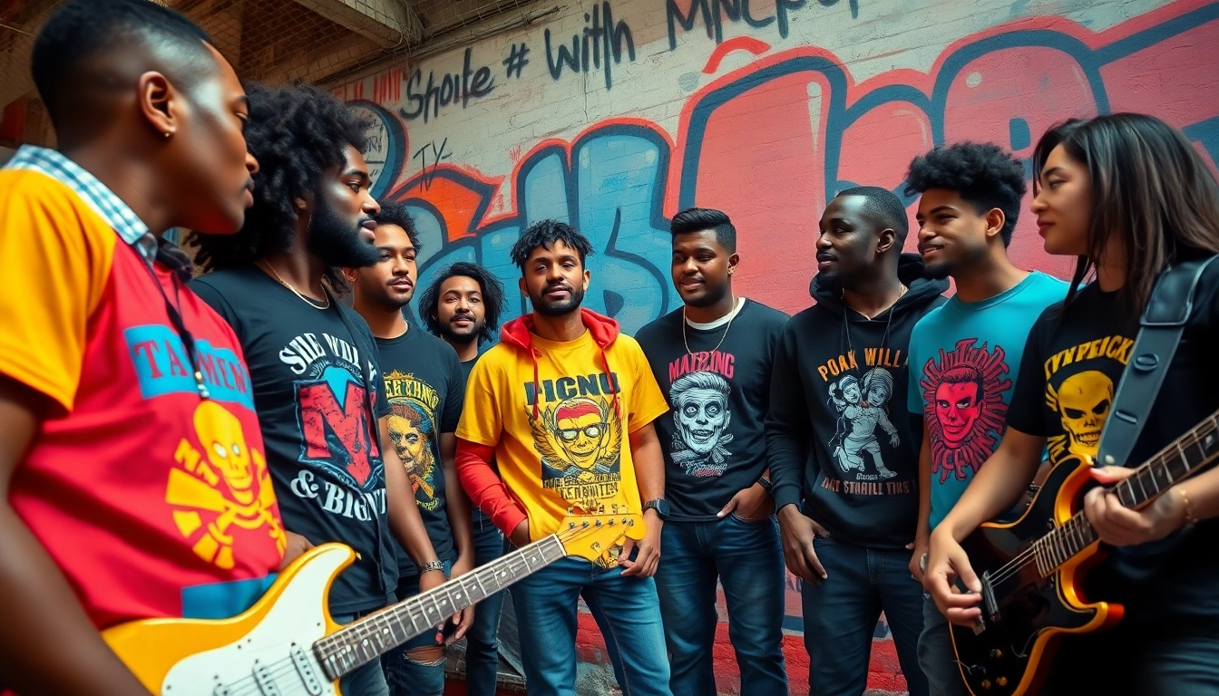 Musicians showcasing stylish bandwear merchandise, highlighting unique designs and creativity.