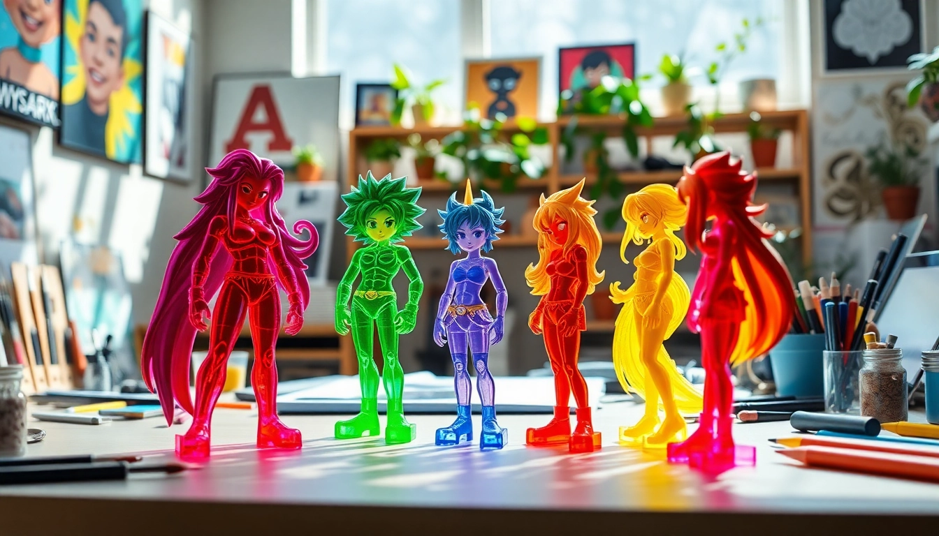 Showcase of custom acrylic standees designed in a creative workspace for vibrant decoration.