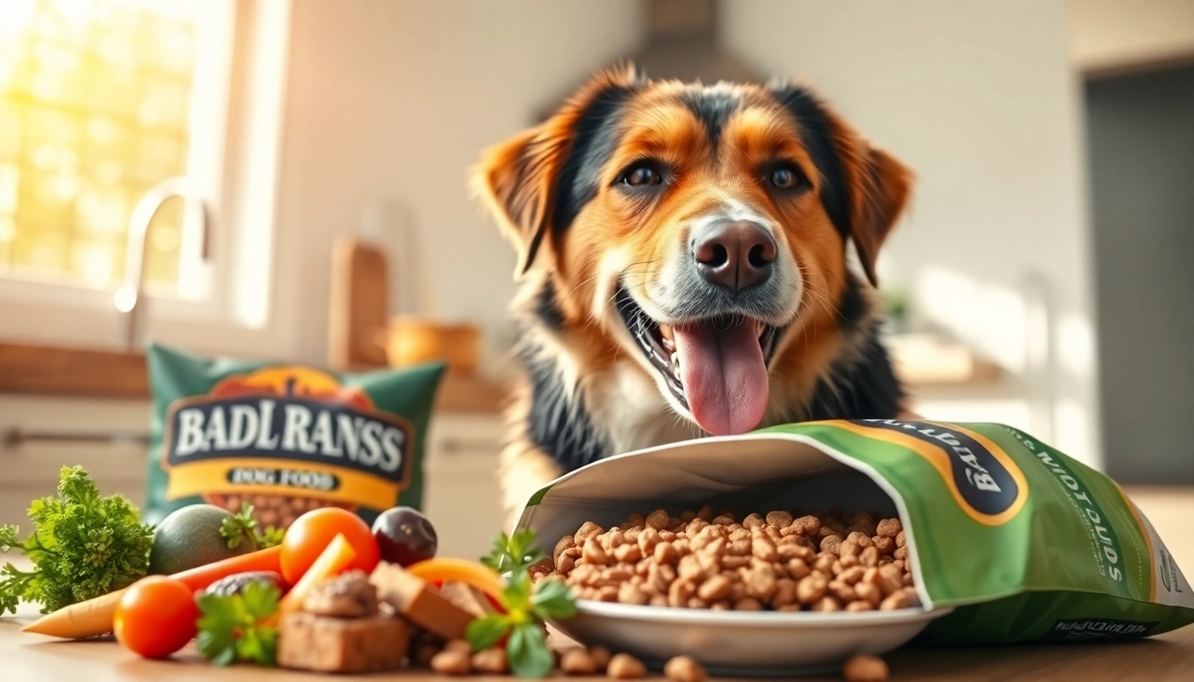 Dog relishing badlands ranch dog food in a bright kitchen, portraying health and cheerful energy.
