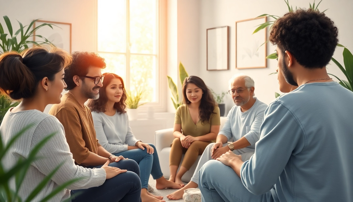 Healing trauma through a supportive therapy session, featuring individuals in a tranquil and connected environment.