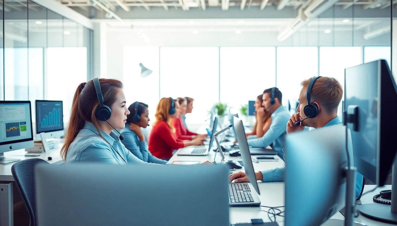 Engaged call center services team collaborating in a modern office setting, showcasing professional communication.