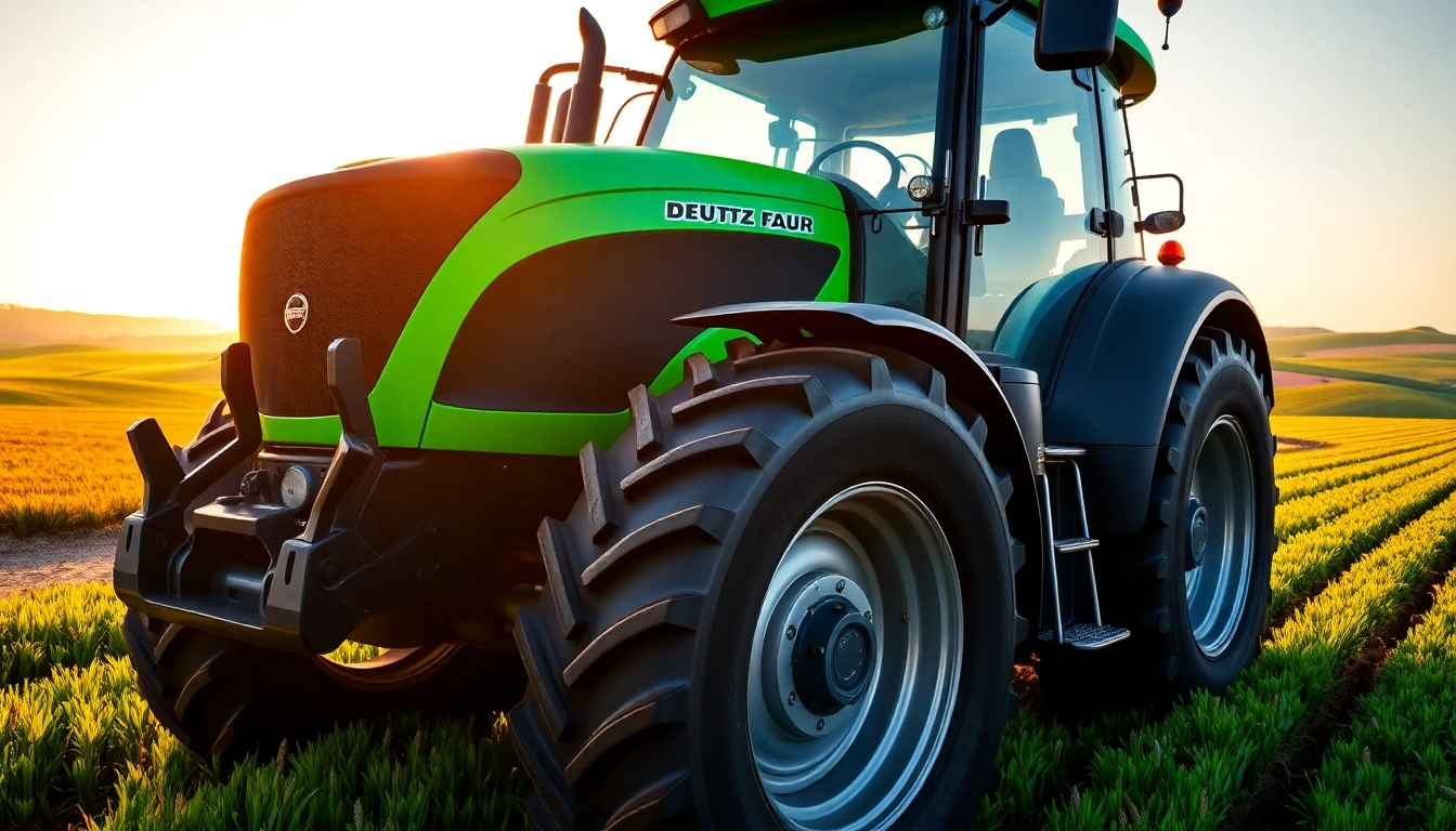 Deutz Fahr Traktor in einer grünen Landschaft, das seine Robustheit und Effizienz zeigt.