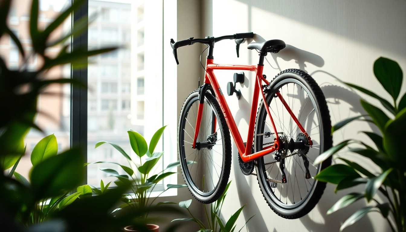 Enhance your urban bike storage with a modern wall-mounted bike rack showcasing a vibrant bicycle.