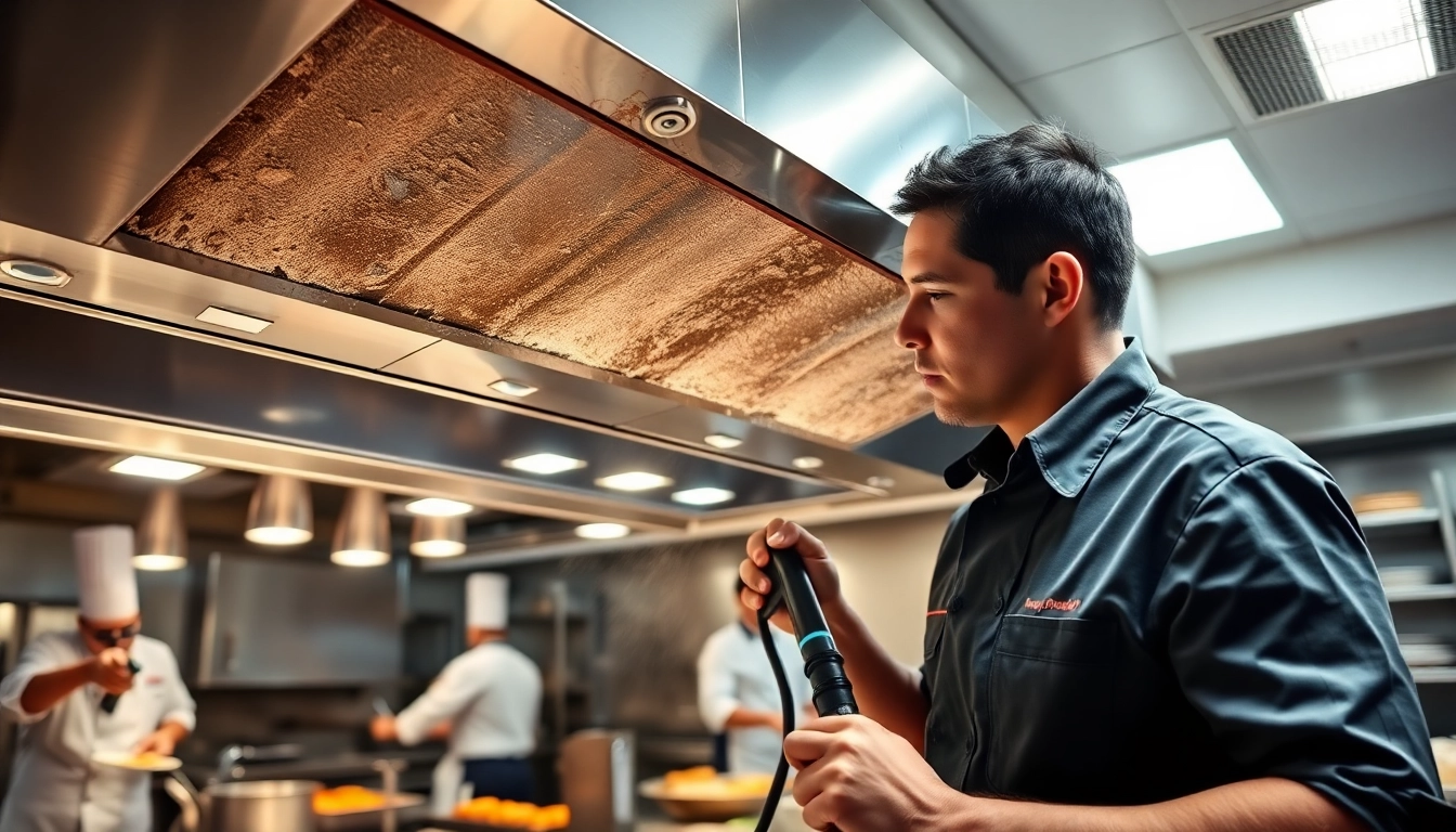 Technician performing an exhaust hood cleaning service in a busy kitchen, ensuring safety and hygiene.