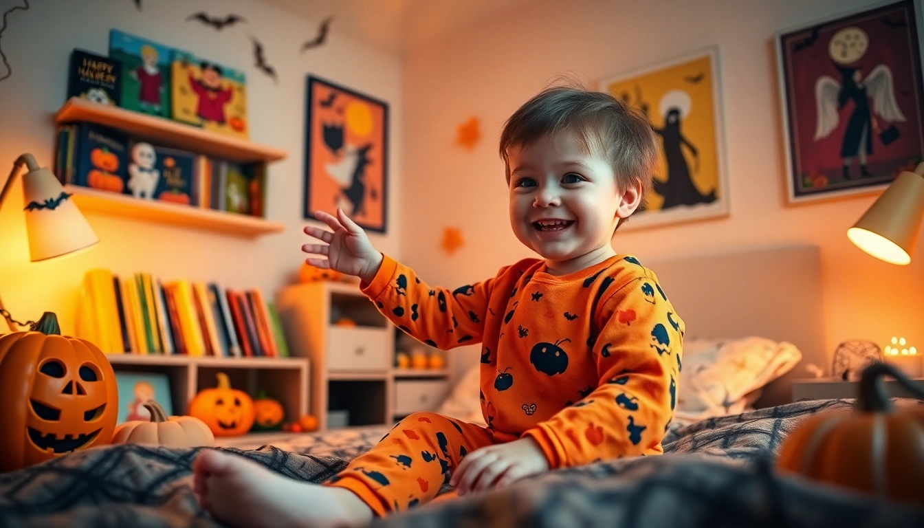 Adorable toddler enjoying Halloween pajamas toddler celebrating festive spirit in cozy room.