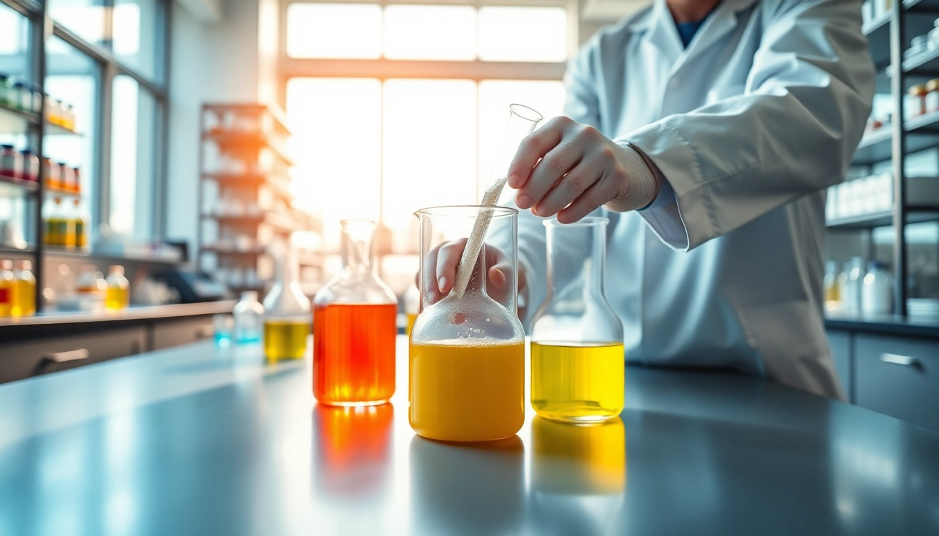Mixing Redispersible Emulsion Powder in a bright laboratory setting with colorful liquids.