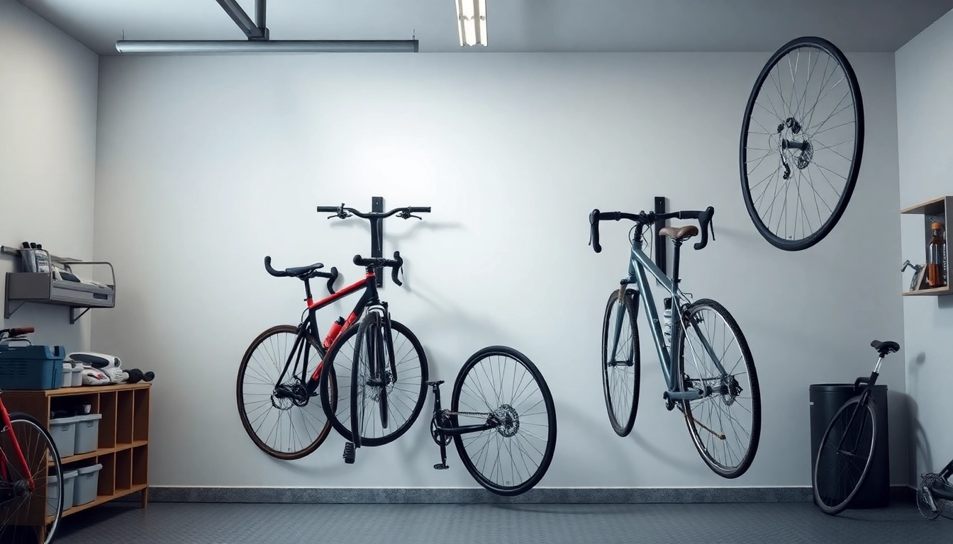 Stylish bicycle wall hanger displayed in an organized garage for optimal space-saving.