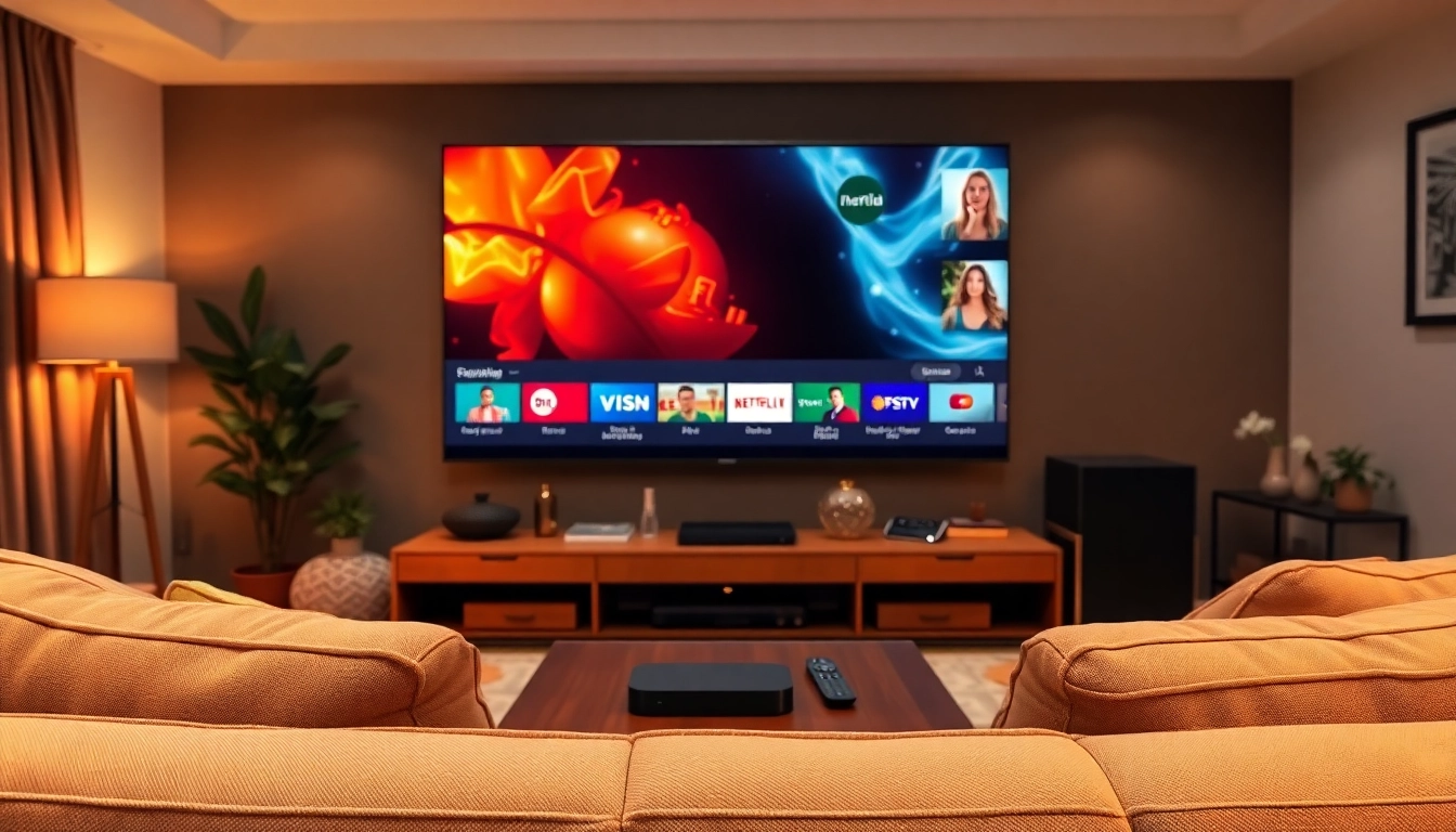 Comprar IPTV en un acogedor salón que muestra una amplia variedad de canales en pantalla.